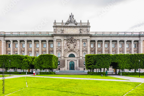 Neoclassical style of Sweden Parliament Building (Sveriges Riksdag) at Helgeandsholmen Island in the Gamla stan (Old Town) district of central Stockholm. Sweden.