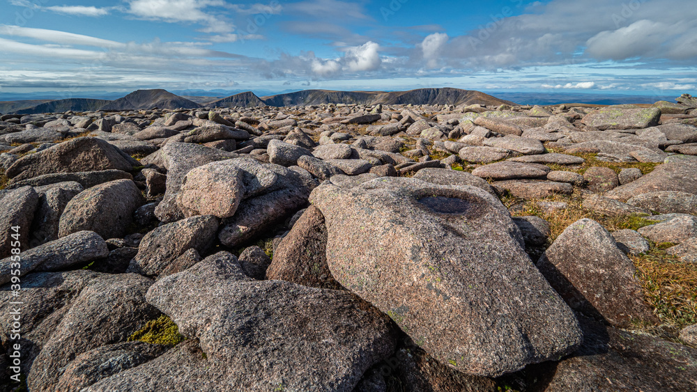 Looking out over the Cairngorm plateau from the summit  of Ben Macdui in the Scottish Highlands