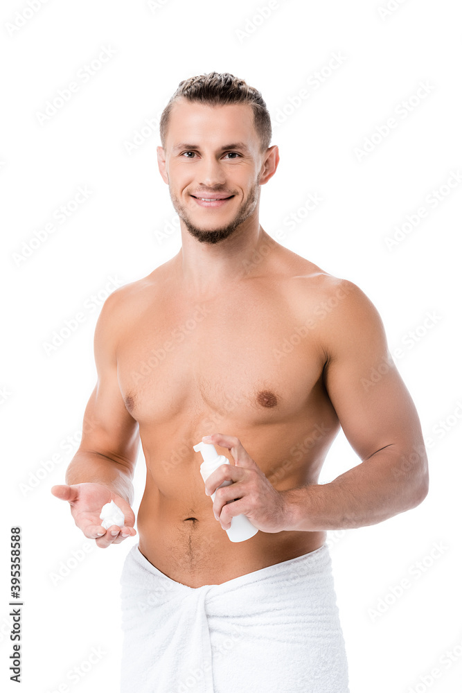 shirtless man with foam on face isolated on white shirtless man with foam on face isolated on white