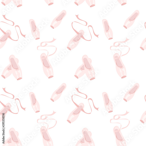 Ballet pointes shoes seamless pattern, with ribbon, pink. Ballerina fashion. Vector illustration, isolated background.
