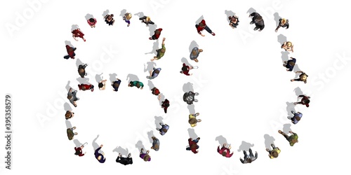 people - arranged in number 80 - top view with shadow - isolated on white background - 3D illustration