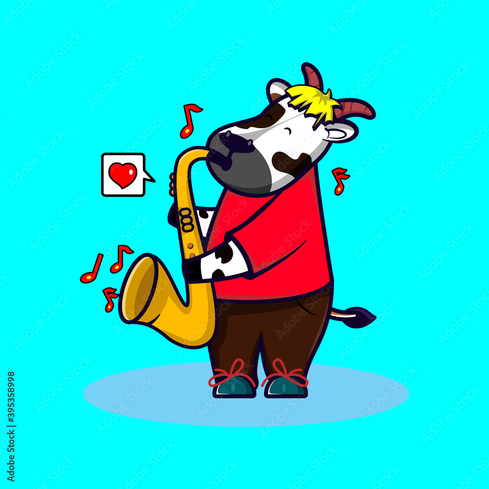 Cute hand-drawn Cow playing saxophone. Premium Vector