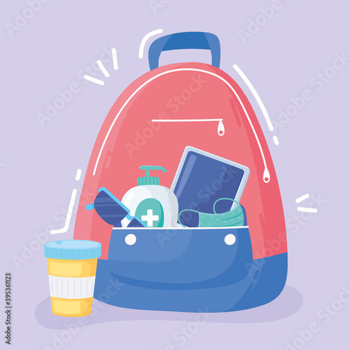 new normal, backpack with alcohol medicine and glasses after covid 19
