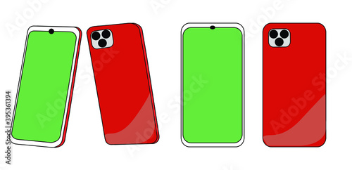 Back and the front side of the smartphone. Black screen of the phone inclined and flat. A place for advertising. Chroma key. Green screen.