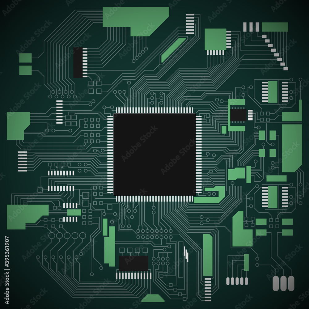 Circuit board. Electronic computer hardware processor technology. Motherboard digital chip. Tech science background. Integrated communication processor. Information engineering motherboard component