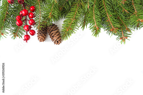 Christmas holiday greeting card. Frame of green fir branches, cones and berries on white background. Space for text