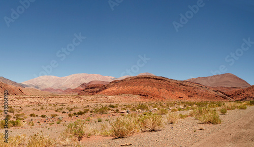 Desert landscape. View of the arid valley, red sand, sandstone formations and mountains under a deep blue sky.