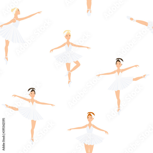 Ballerina, ballet dance, little swans. seamless pattern, set. Swan lake stage. Vector graphics illustration.