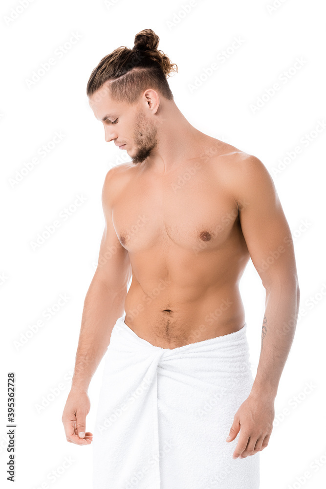 shirtless man in towel posing isolated on white shirtless man in towel posing isolated on white