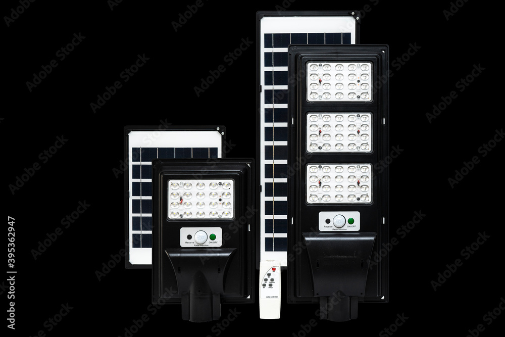 Solar Led Street or Garden Lighting with solar energy panel with isolated black background Solar Led Street or Garden Lighting with solar energy panel with isolated black background