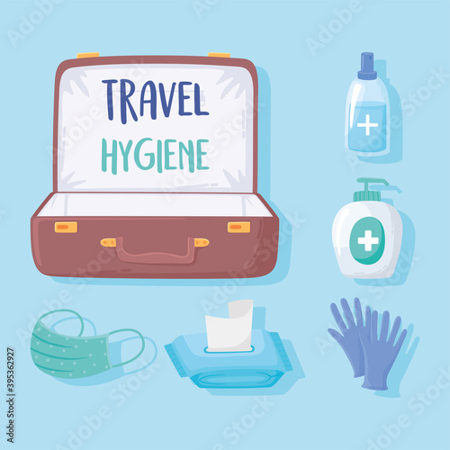 new normal after covid 19 travel hygiene suitcase mask tissue paper gel