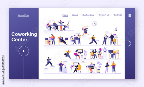 
Co working center concept for landing page template. People work on computers and laptops in an office space. Comfortable workplaces in a modern loft interior. Conferences, meetings, quiet workspace 