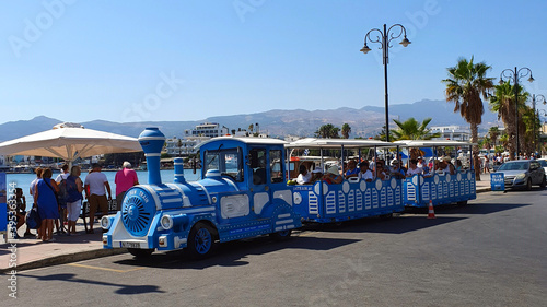 Train on wheels on the streets of Kos town. Attraction for tourists. Kos Island, Greece.