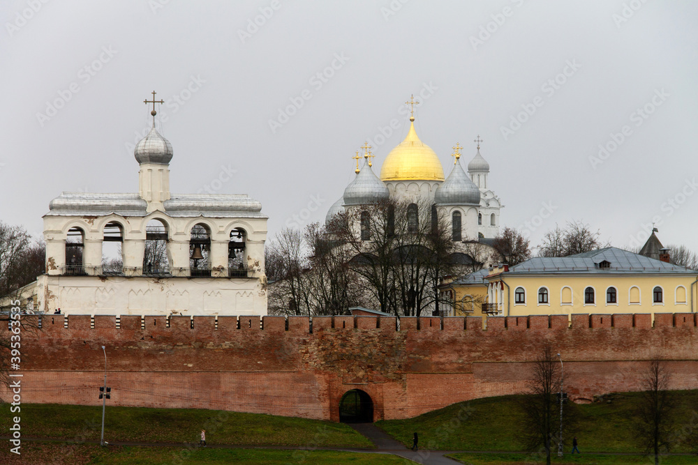 Fototapeta premium the Kremlin of Novgorod is covered with mist, Veliky Novgorod, autumn 2020