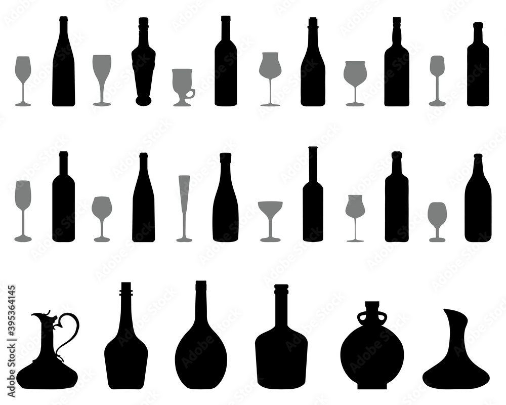 Silhouettes of glasses and bottles of wine on a white background Silhouettes of glasses and bottles of wine on a white background