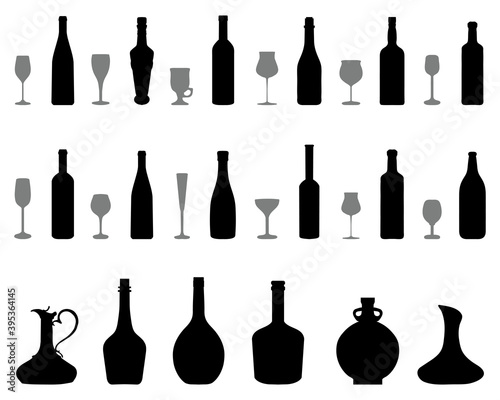 Silhouettes of glasses and bottles of wine on a white background
