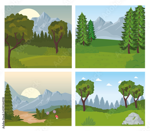 four landscapes scenes with trees and flowers vector illustration design