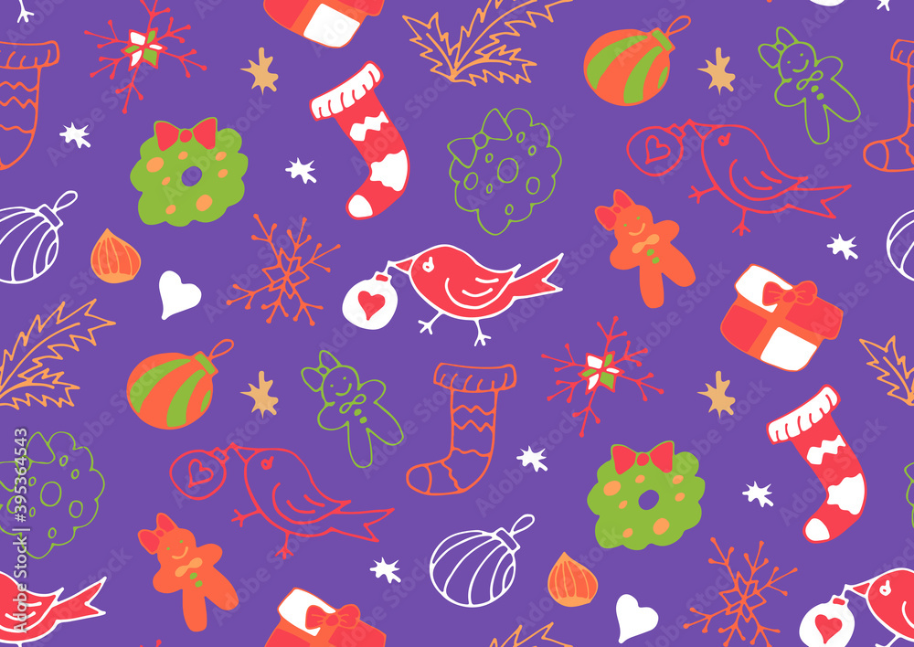 Christmas seamless background. Pattern with a festive mood. Doodle style illustration. Vector graphics. New Year's theme. Christmas seamless background. Pattern with a festive mood. Doodle style illustration. Vector graphics. New Year's theme.