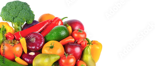 Fruits and vegetables isolated on white background. Free space for text. Wide photo.