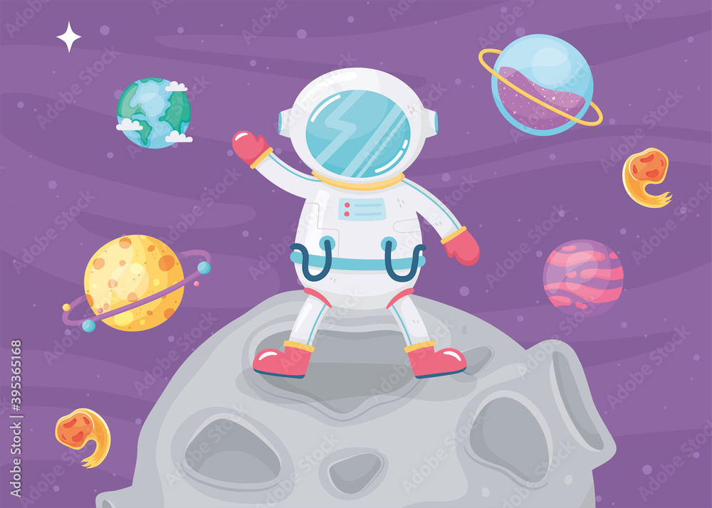 space adventure cartoon astronaut standing in moon