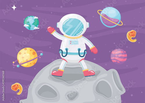 Fototapeta Naklejka Na Ścianę i Meble -  space adventure cartoon astronaut standing in moon