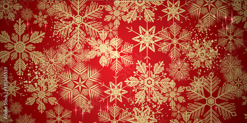 Gold winter snowflakes on red background - Merry Christmas and winter snow design banner