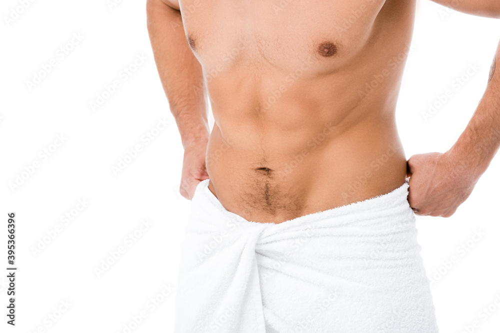 cropped view of shirtless man in towel posing isolated on white