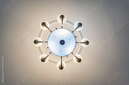 Bottom view photo of round modern designer chandelier