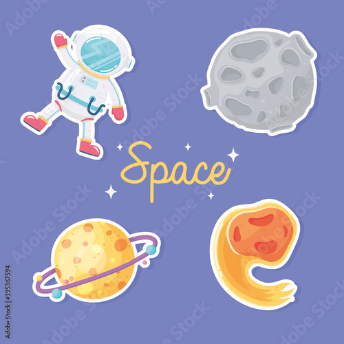 space astronaut palnet comet and moon galaxy astronomy in cartoon style photo