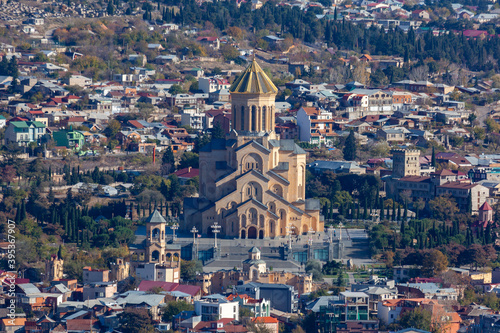 View of Tbilisi with Sameba, Trinity Church and other landmarks photo