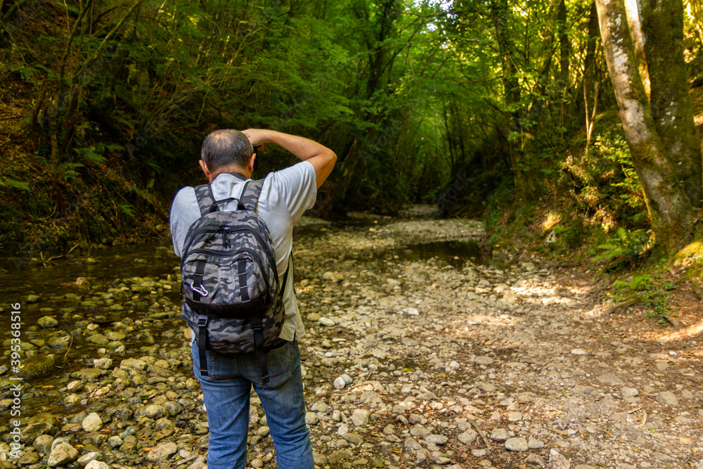 hiker take a photo in the woods trekking in Varo della Spina to Montella Avellino hiker take a photo in the woods trekking in Varo della Spina to Montella Avellino