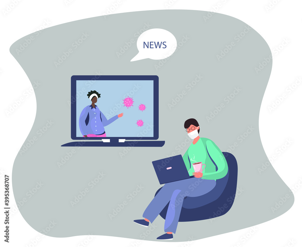 Man Character Sitting on Couch in Medical Mask Watching the Global or Fake News about Coronavirus on Laptop at Home.
Social Media Networking and News. Flat Vector Illustration