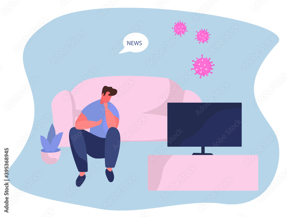 Young Man Character Sitting on Couch in Medical Mask Watching the Global or Fake News about Coronavirus on TV at Home.
Social Media Networking and Loudspeaker News.Flat Vector Illustration