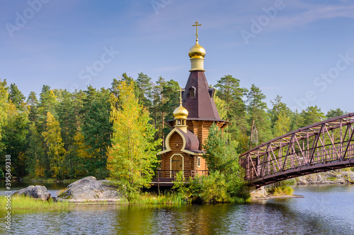 Sightseeing of Russia. The Church of St. Andrew on Vuoksa lake, Leningradskaya oblast, Russia photo