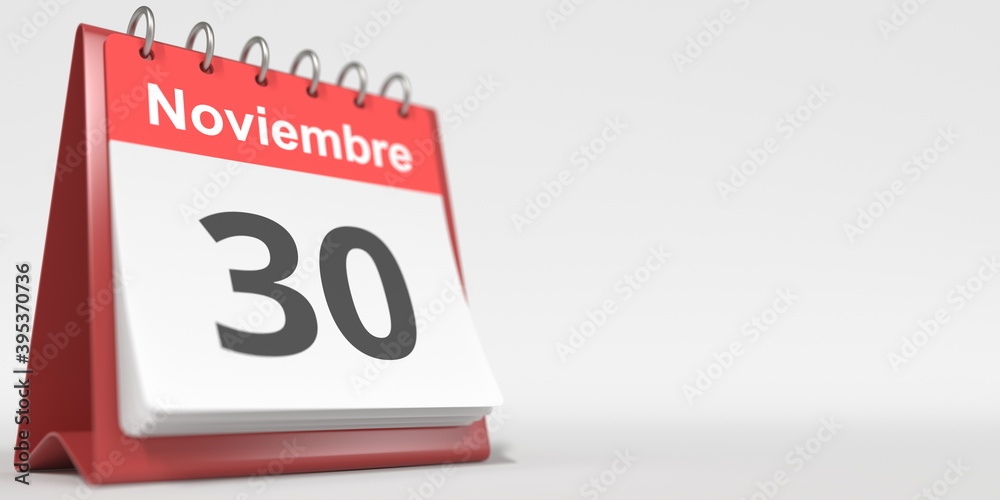 November 30 date written in Spanish on the flip calendar, 3d rendering November 30 date written in Spanish on the flip calendar, 3d rendering