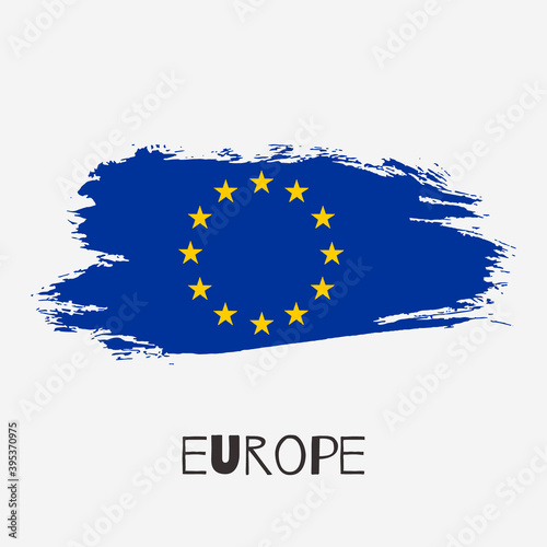 European Union vector watercolor country flag icon. Hand drawn illustration with dry brush stains, strokes, spots isolated on gray background. Painted grunge style ink texture for posters, banner.