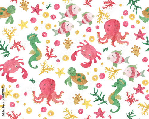 Watercolor painting seamless pattern with cute sea animals  octopus  fish  seahorse  turtle crab  seastar. Kids background for textile  wrapping paper.