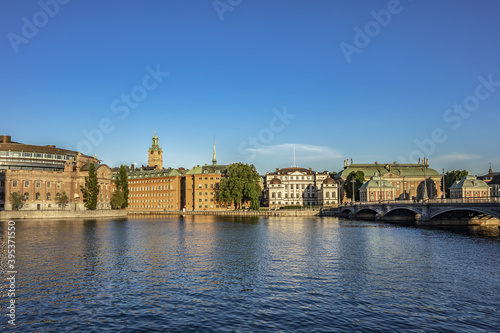 Picturesque views of the Riddarfjarden ("The Knight Firth") waterfront at sunset. Riddarfjarden is the easternmost bay of Lake Malaren in central Stockholm. Sweden. © dbrnjhrj