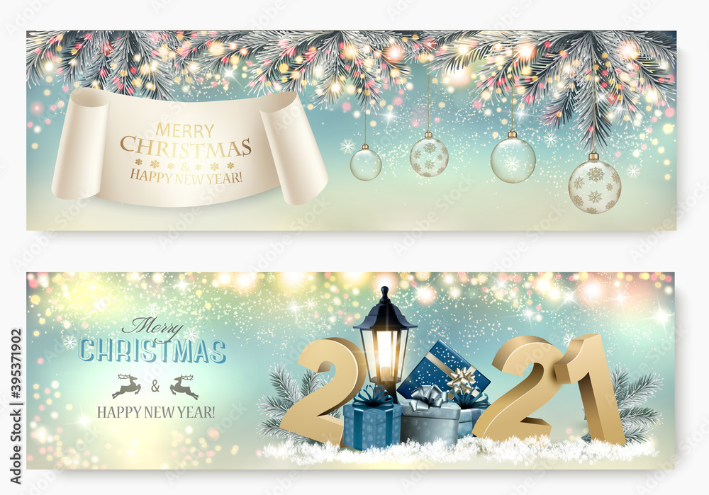 Abstract holiday christmas light banners with 2021 and gift boxes. Vector illustration