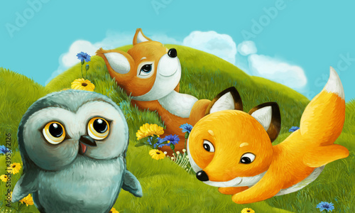 cartoon scene with forest animal on the meadow having fun - illustration