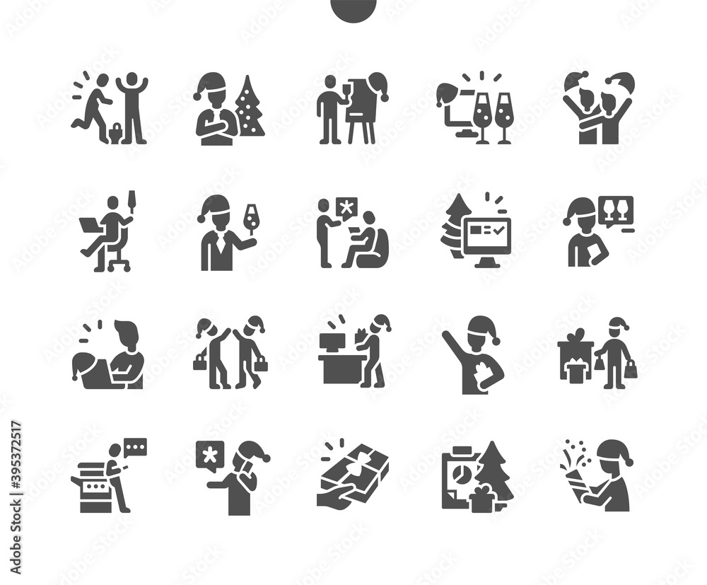 Christmas at work. People are celebrating in the office. Teamwork. Cheerful atmosphere. Businessman arranges a party. Happy New Year. Vector Solid Icons. Simple Pictogram