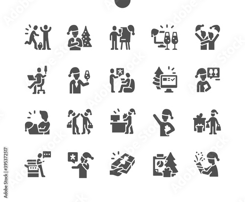 Christmas at work. People are celebrating in the office. Teamwork. Cheerful atmosphere. Businessman arranges a party. Happy New Year. Vector Solid Icons. Simple Pictogram