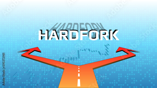 Cryptocurrency hardfork concept with forked road. Splitting the coin into two parts. Vector illustration.