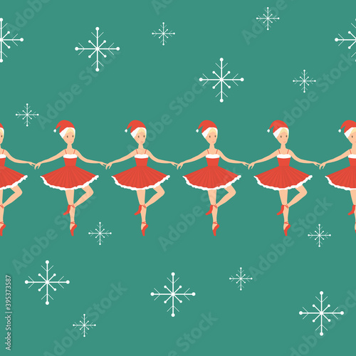 Ballerina Santa Claus, Seamless pattern banner border, Christmas ballet dance, Snowman. Vector graphic illustration.
