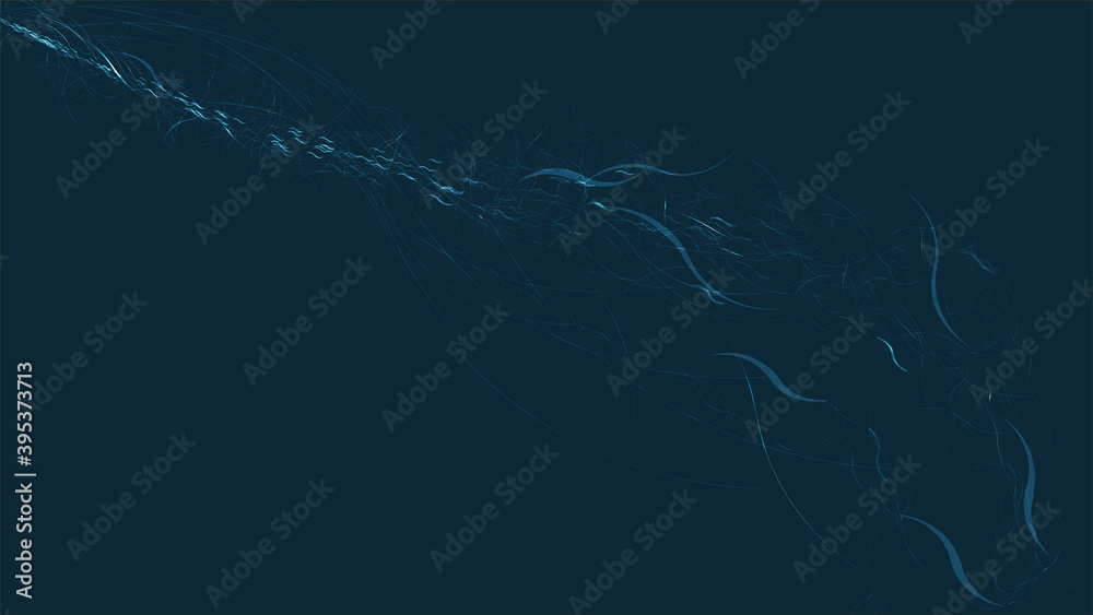 Blue abstract digital high-tech magical cosmic energy electric bright glowing light texture background of strips, energetic lines, threads intertwined together and copy space. 