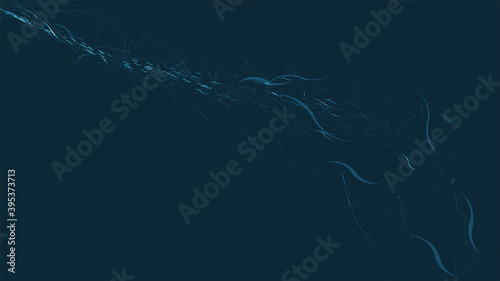 Blue abstract digital high-tech magical cosmic energy electric bright glowing light texture background of strips, energetic lines, threads intertwined together and copy space. 