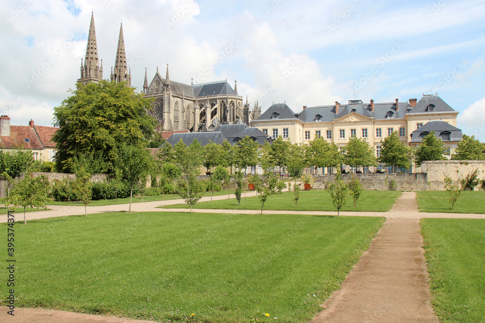 notre-dame cathedral, argentré mansion and public gardens in sées in normandy (france)
