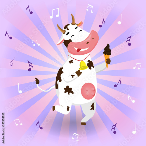 Vector funny cow dancing with ice cream on a background with notes © Dinara