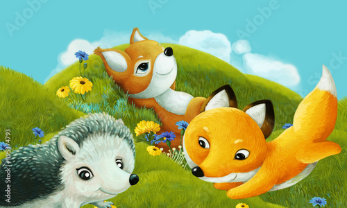 cartoon scene with forest animal on the meadow having fun - illustration