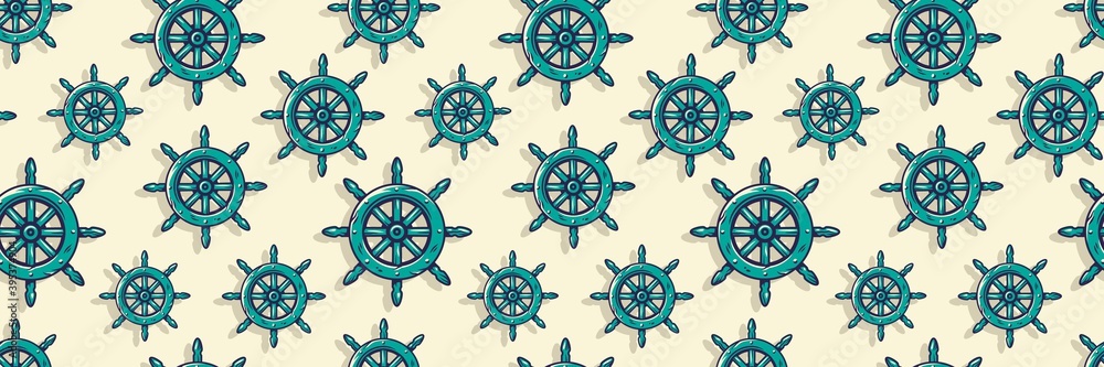 Colored seamless pattern wallpaper with nautical helm. Old, vintage, and antique steering symbol. Ocean life for marine design
